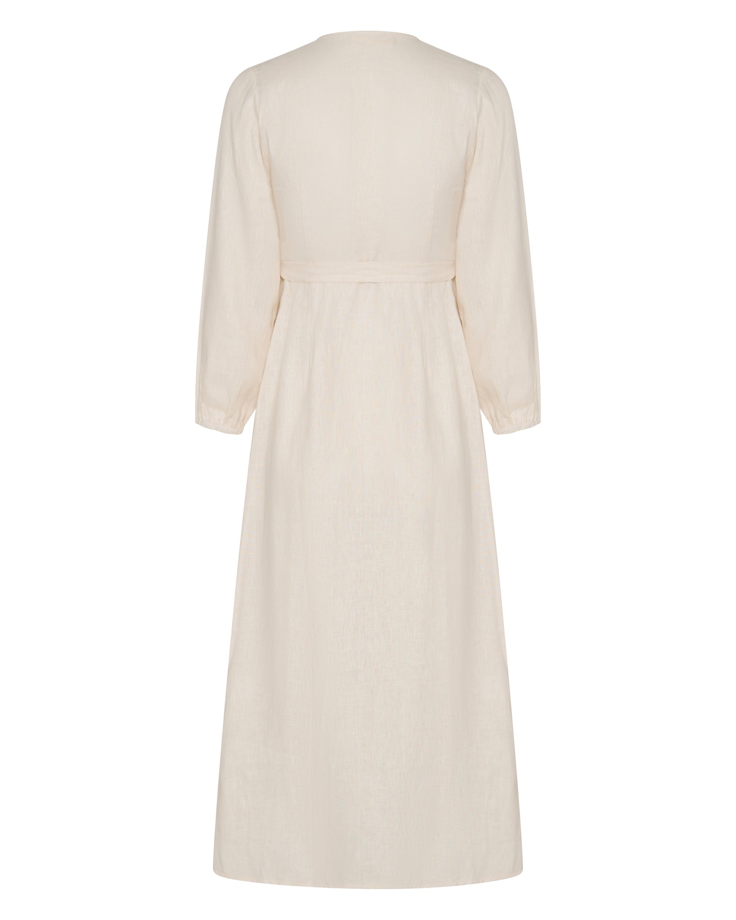 The front of a linen, off white wrap dress.