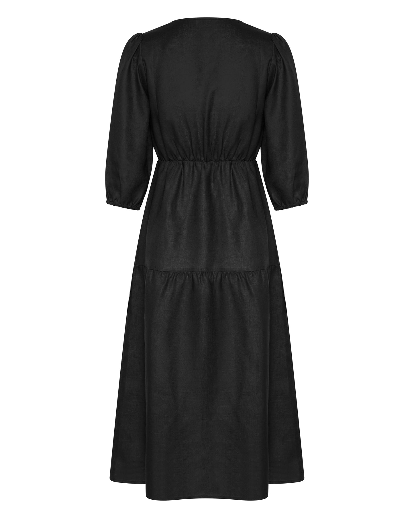 The back of a long black linen dress, with three quarter sleeves.