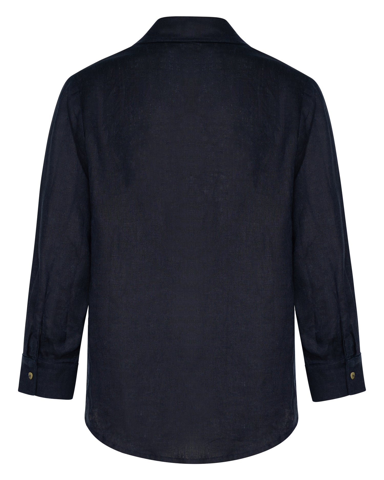 The back of a navy linen shirt.